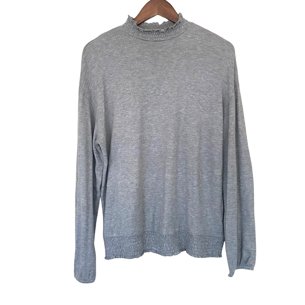 A New Day Women Smocked Mock Neck Top Size L Grey Long Sleeve Knit Pullover